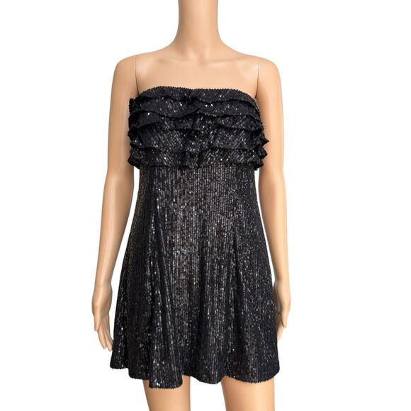 FREE PEOPLE FRIDA RUFFLE BLACK STRAPLESS SEQUIN MINI DRESS sz 2 NWT - Picture 3 of 10